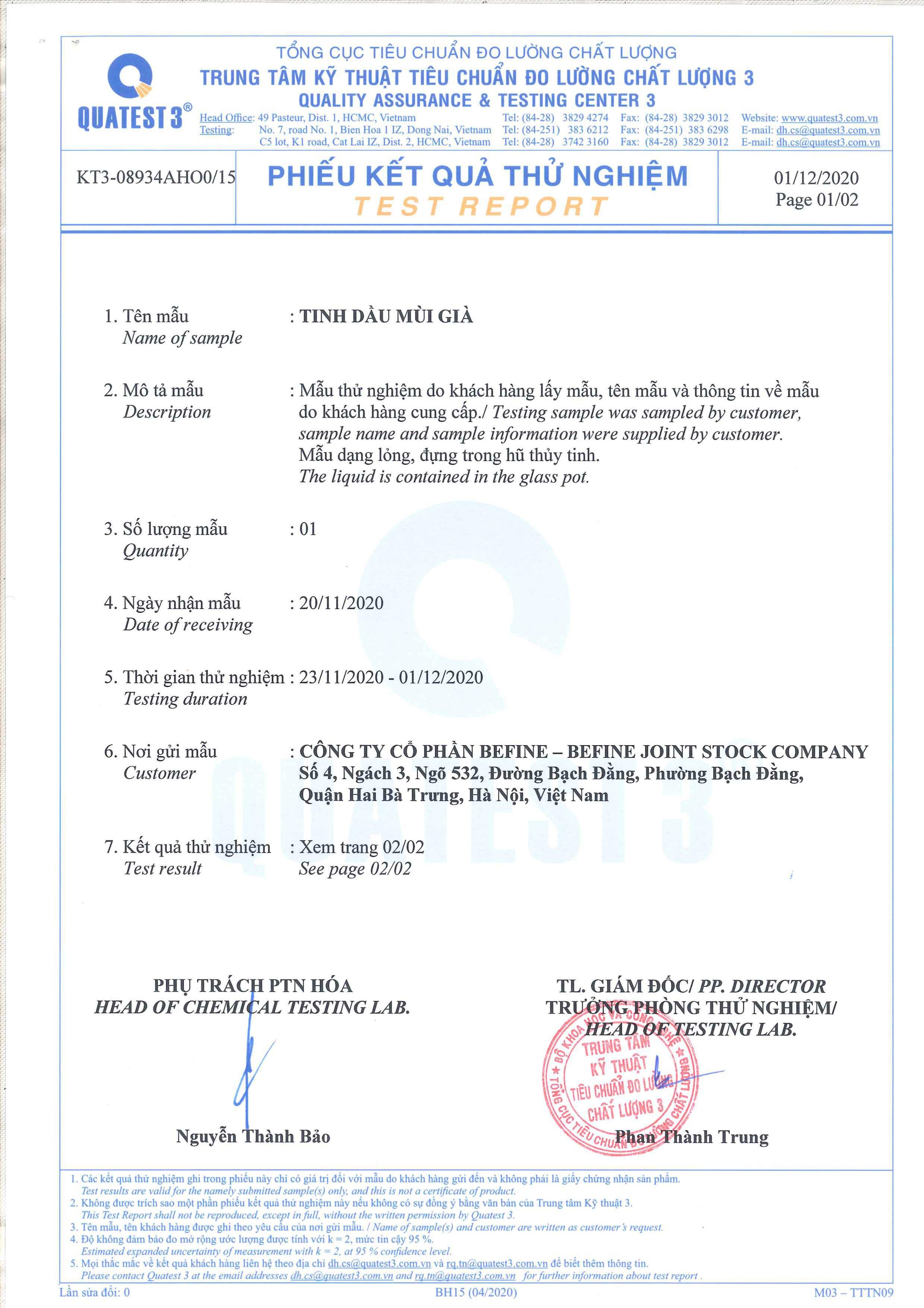 Bản kiểm nghiệm GCMS của tinh dầu Befine