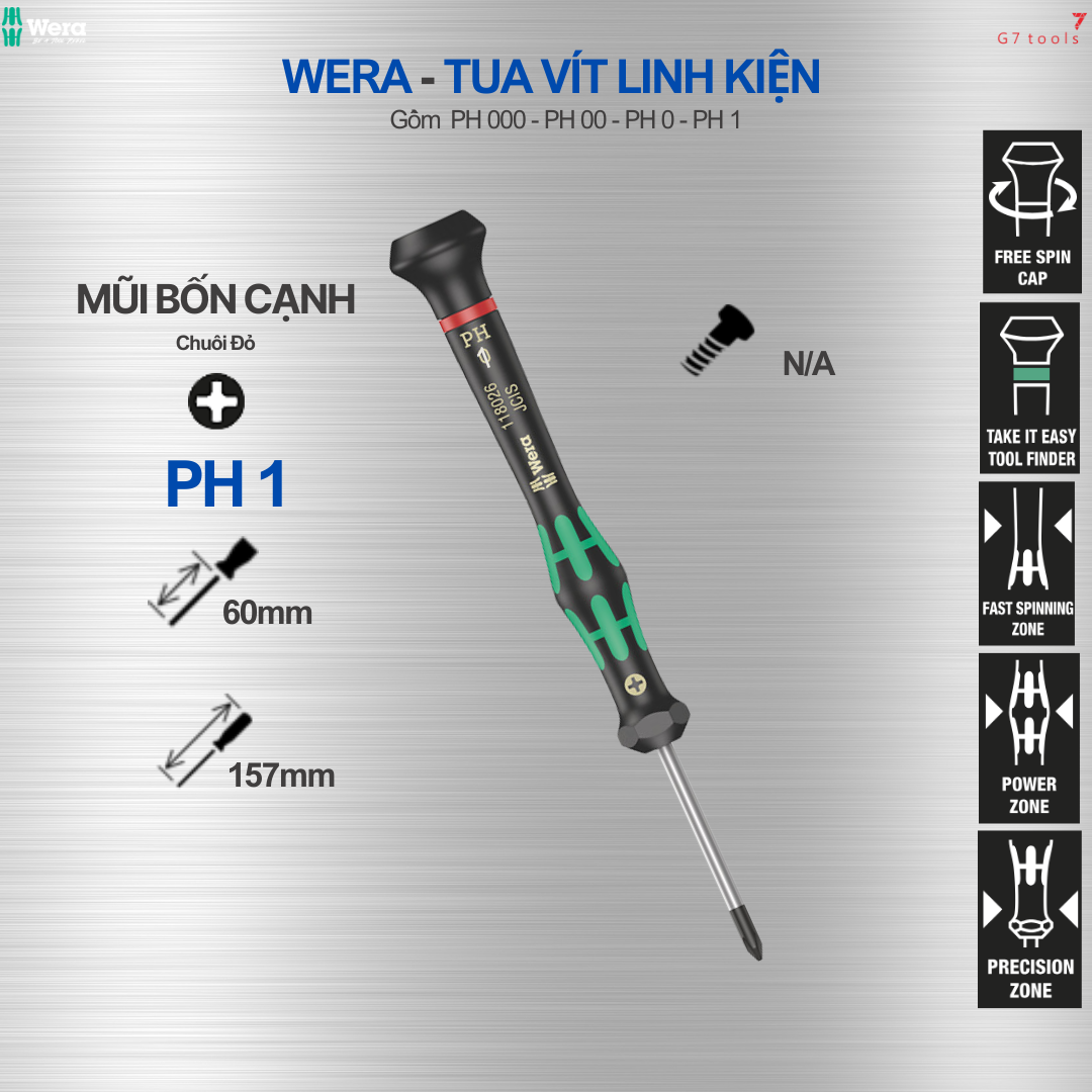 Tua Vít PH 1 - Wera 2050 Mở Linh Kiện Mũi Phillips Bốn Cạnh (Mã Sản Phẩm 118023)