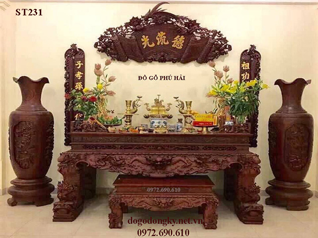 bàn thờ gia tiên chạm tứ linh