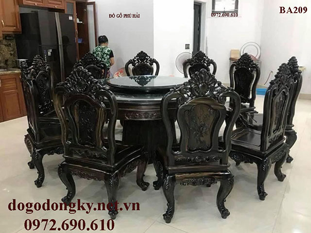 bộ bàn ghế ăn gỗ mun bàn tròn