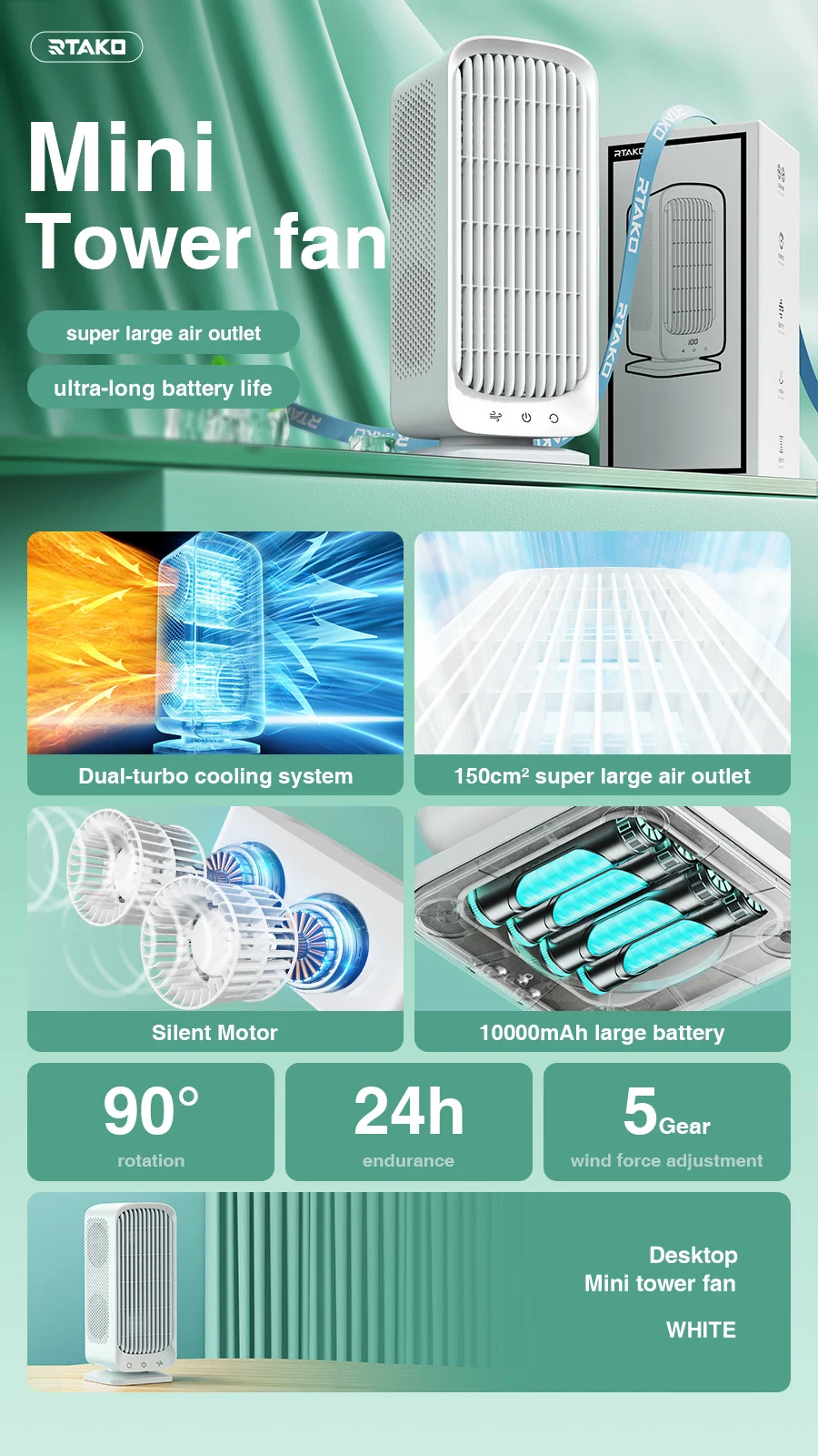 chube Quạt bàn Rtako YW-DC04 mini xoay 90 độ