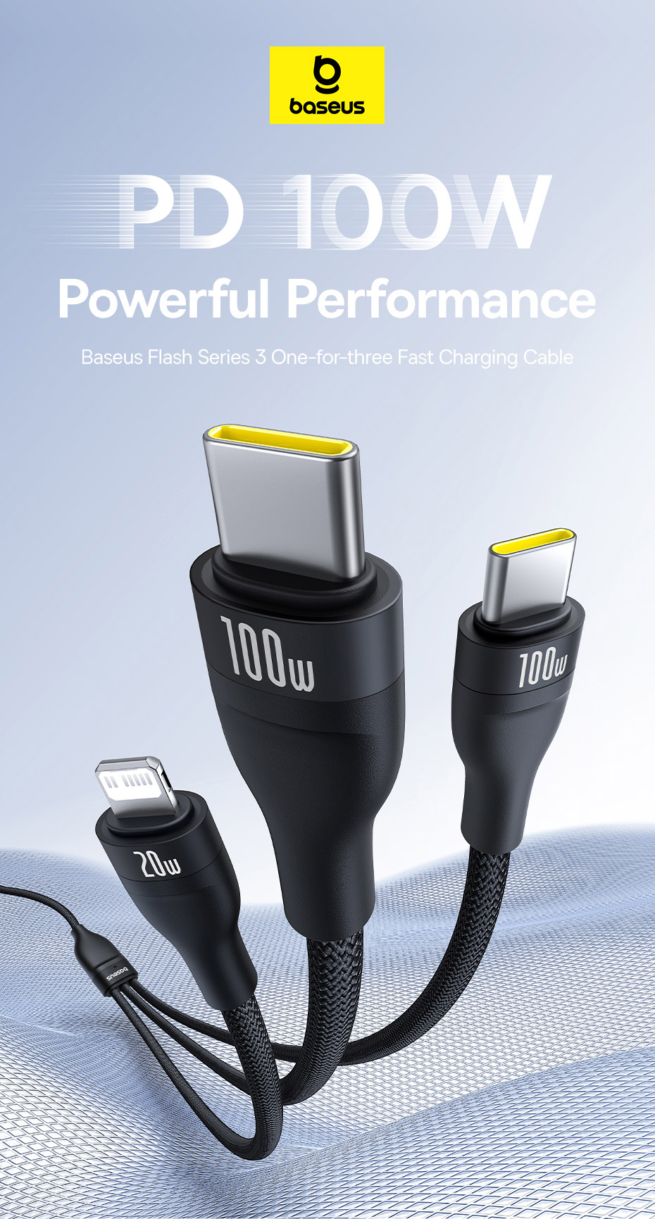 chube Cáp sạc nhanh 1 for 3 Baseus Flash Series 3 100W C to C+C+L