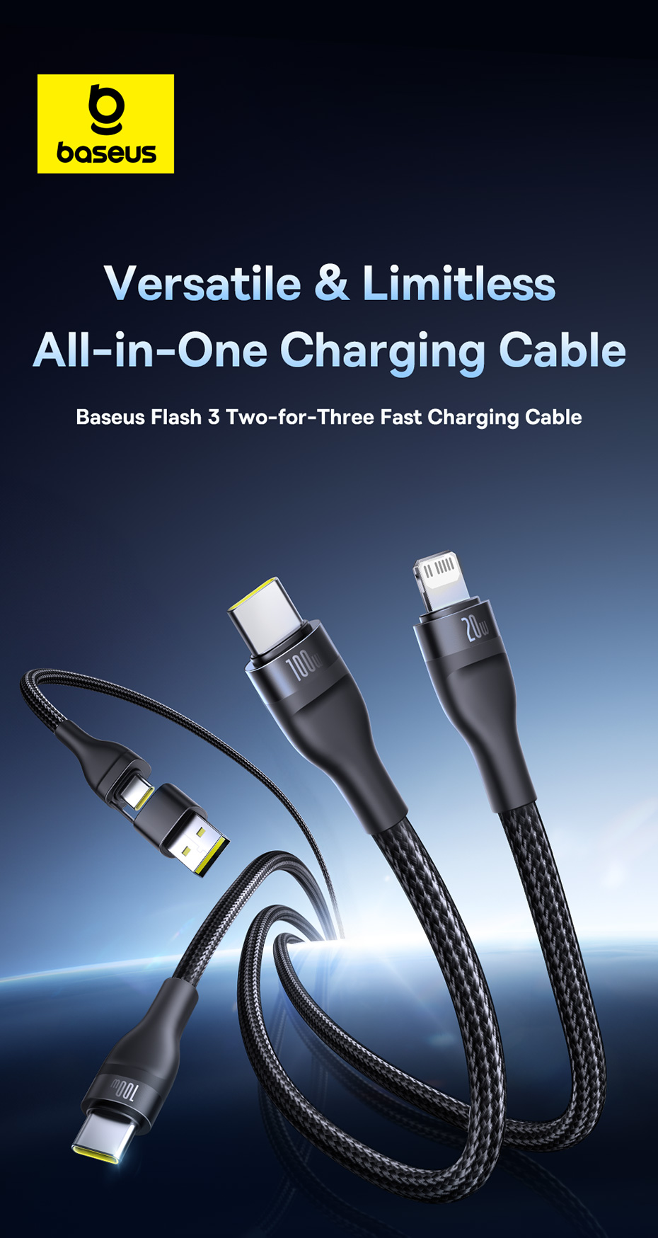 chube Cáp sạc nhanh đa năng Baseus Flash Series 3 100W C to C+C+L