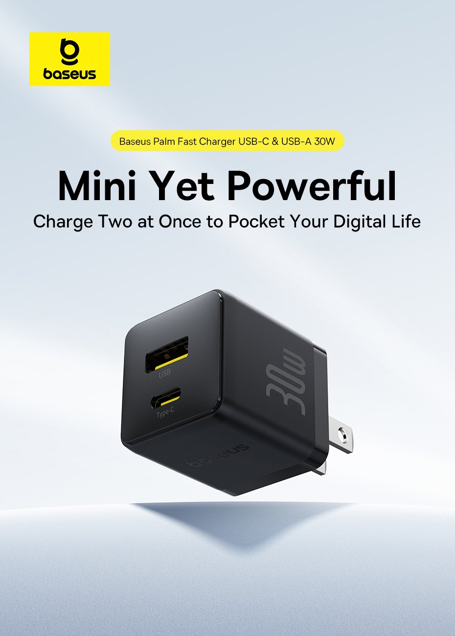 Củ sạc nhanh Baseus Palm C+U 30W thiết kế nhỏ gọn, 2 cổng sạc USB-C và USB-A