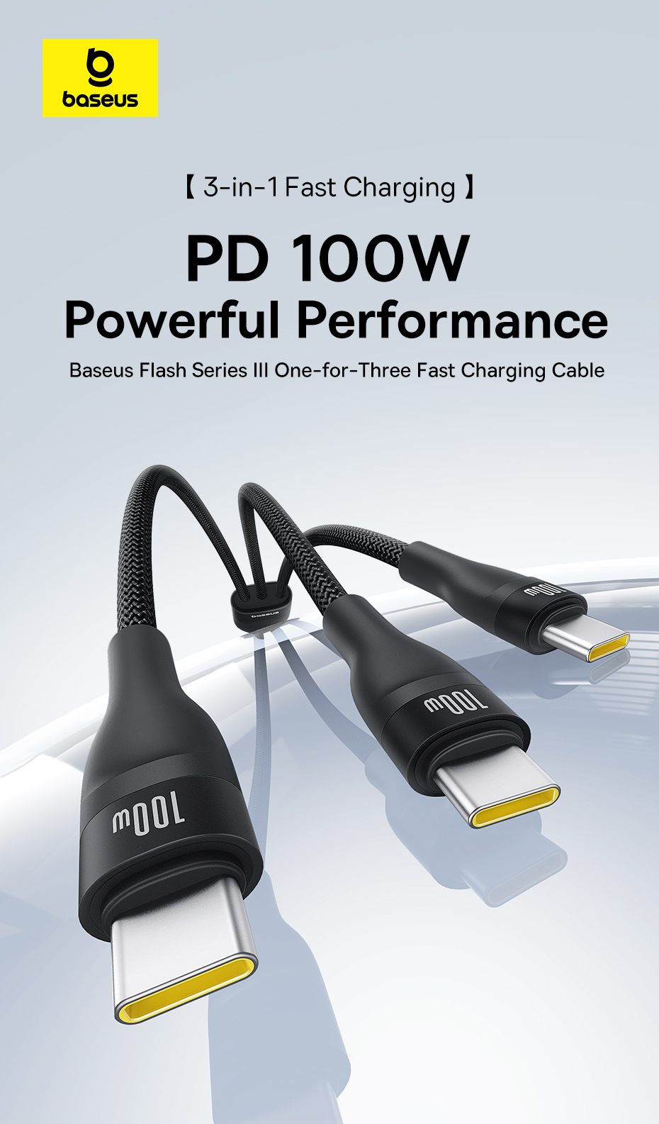 chube Cáp Sạc Nhanh 1 for 3 Baseus Flash Series 3 100W C to C+C+C