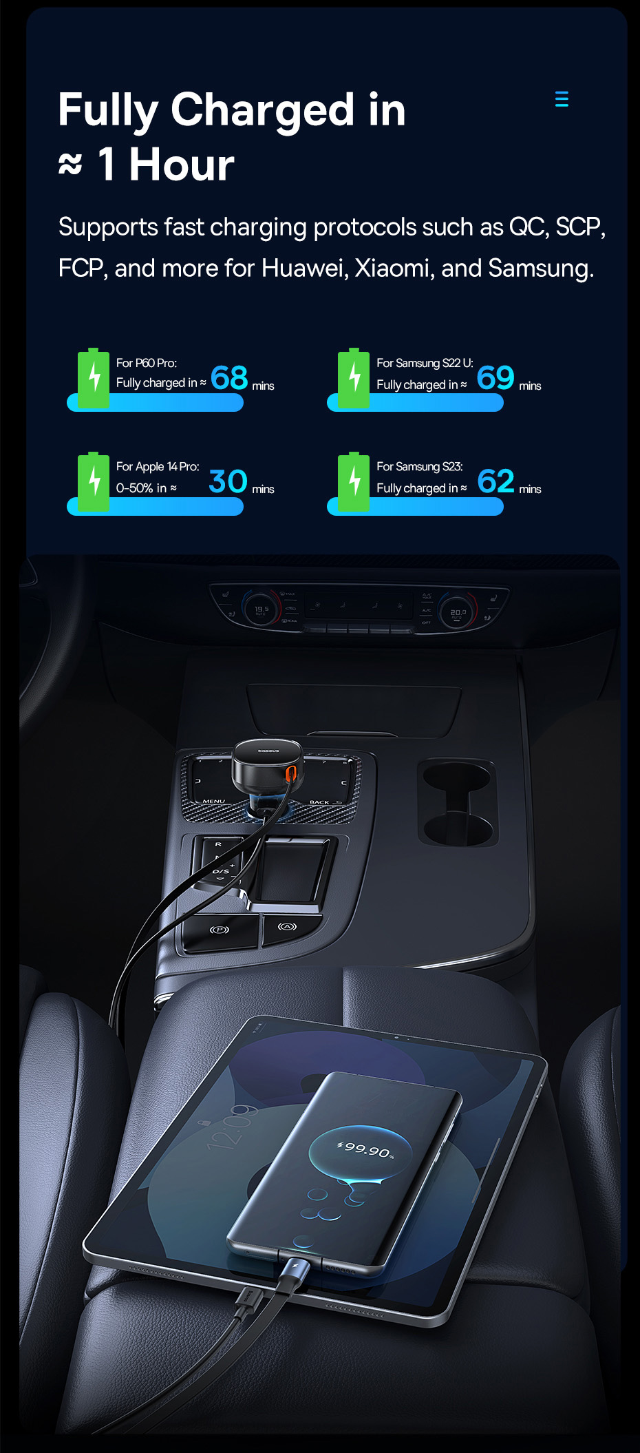 chube Tẩu sạc ô tô Baseus Enjoyment Pro 60W kèm dây rút gọn tiện lợi