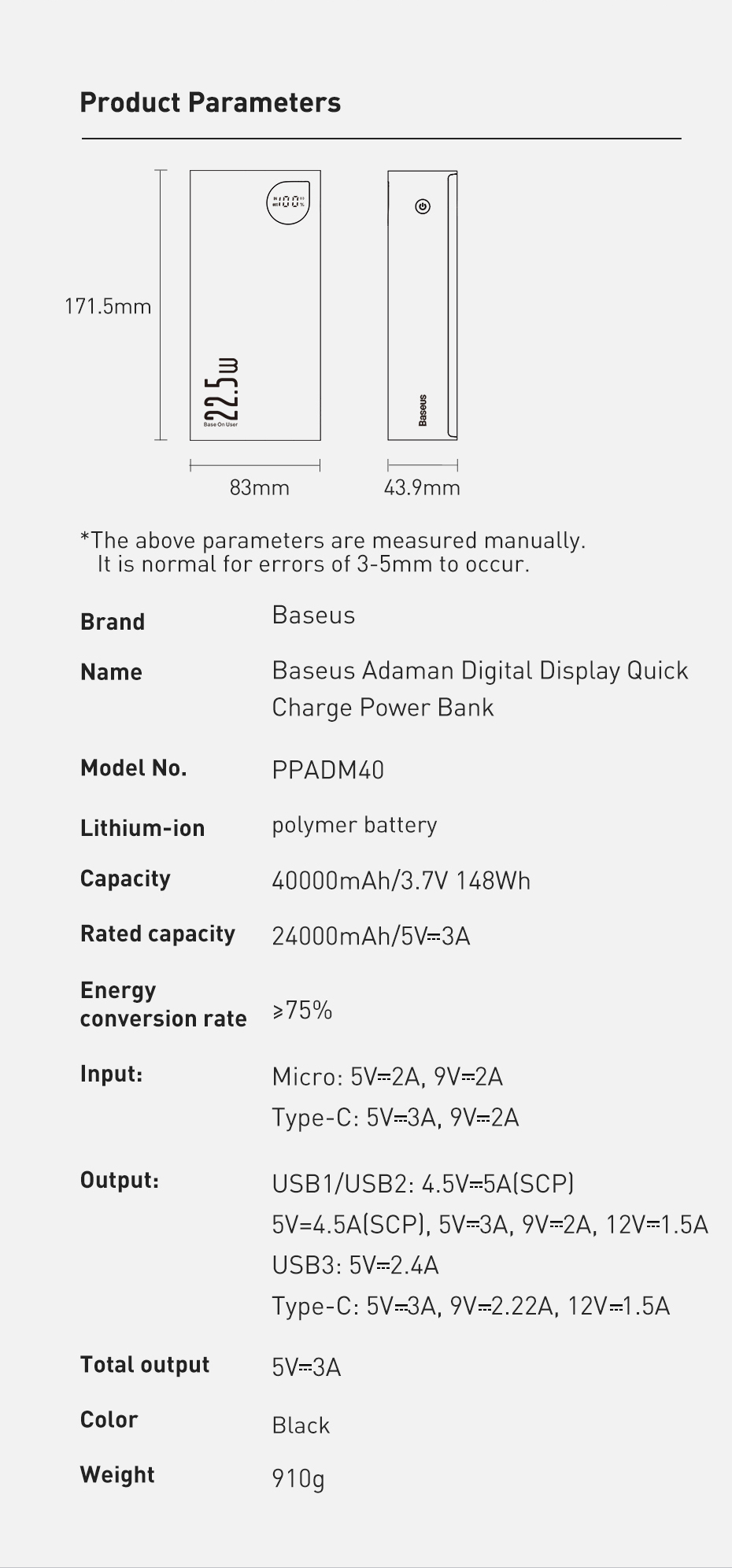 Pin dự phòng sạc nhanh 22.5W Baseus Adaman 40000mAh max, hợp kim nhôm