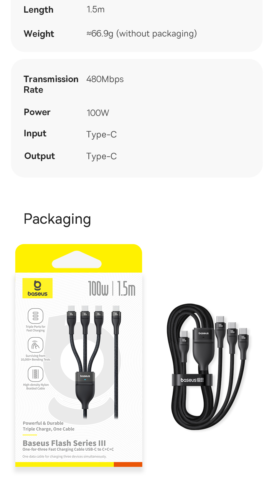 chube Cáp Sạc Nhanh 1 for 3 Baseus Flash Series 3 100W C to C+C+C