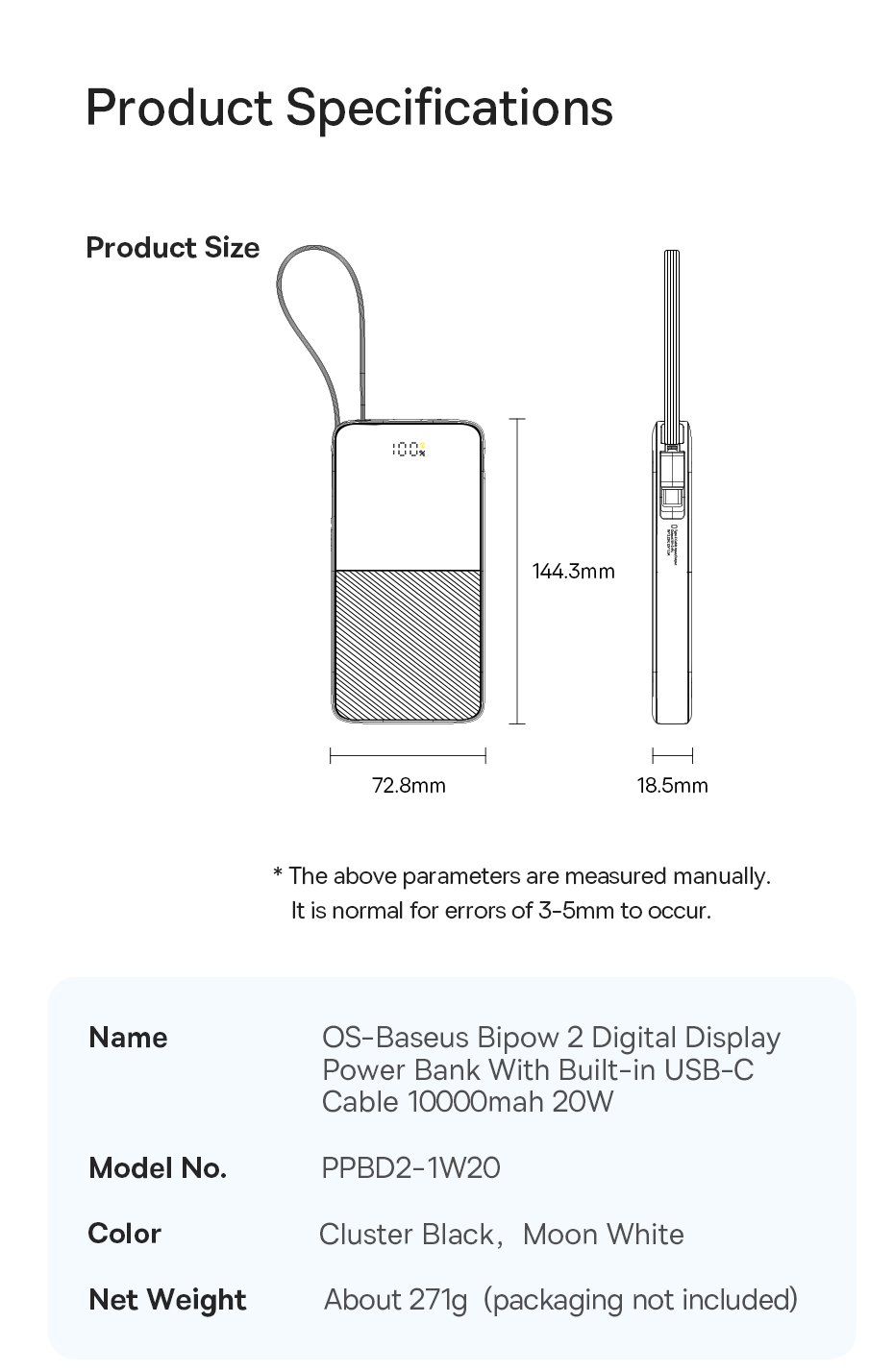 chube Backup Battery with cable Baseus Bipow2 10000mAh/20000mah 20W