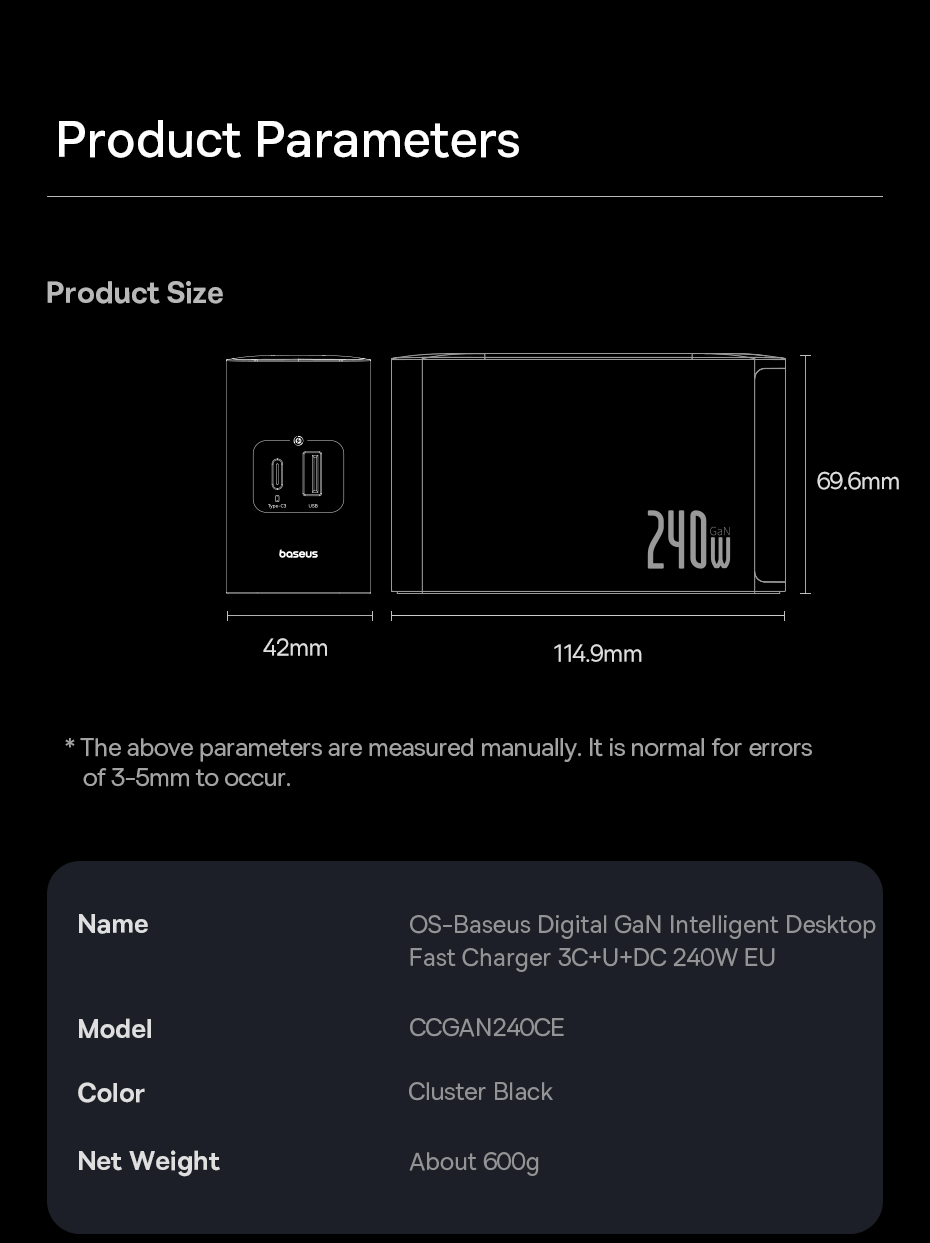 chube Bộ Sạc GaN Baseus 240W 3C+U+DC App Control