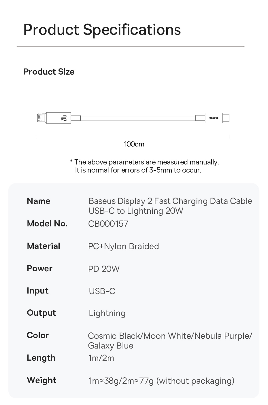 chube Cáp Sạc Nhanh C to Lightning Baseus Display 2 20W