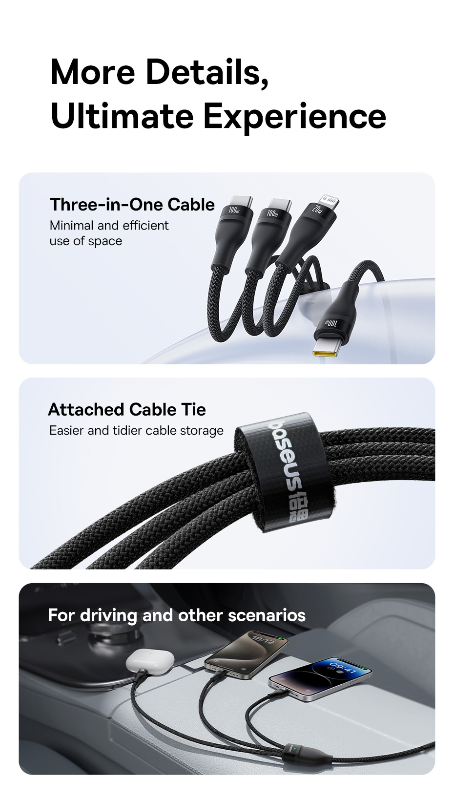 chube Cáp sạc nhanh 1 for 3 Baseus Flash Series 3 100W C to C+C+L