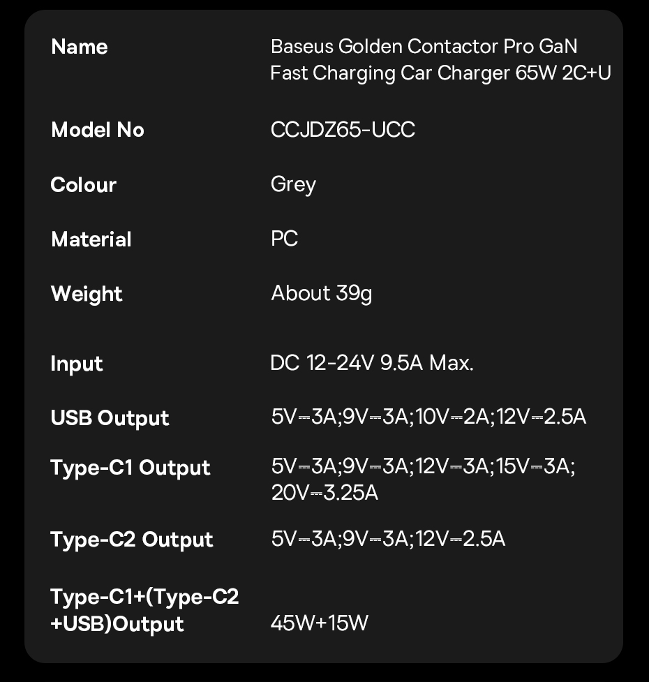 chube Bộ sạc ô tô sạc nhanh Baseus Golden Contactor Pro GaN U+2C 65W