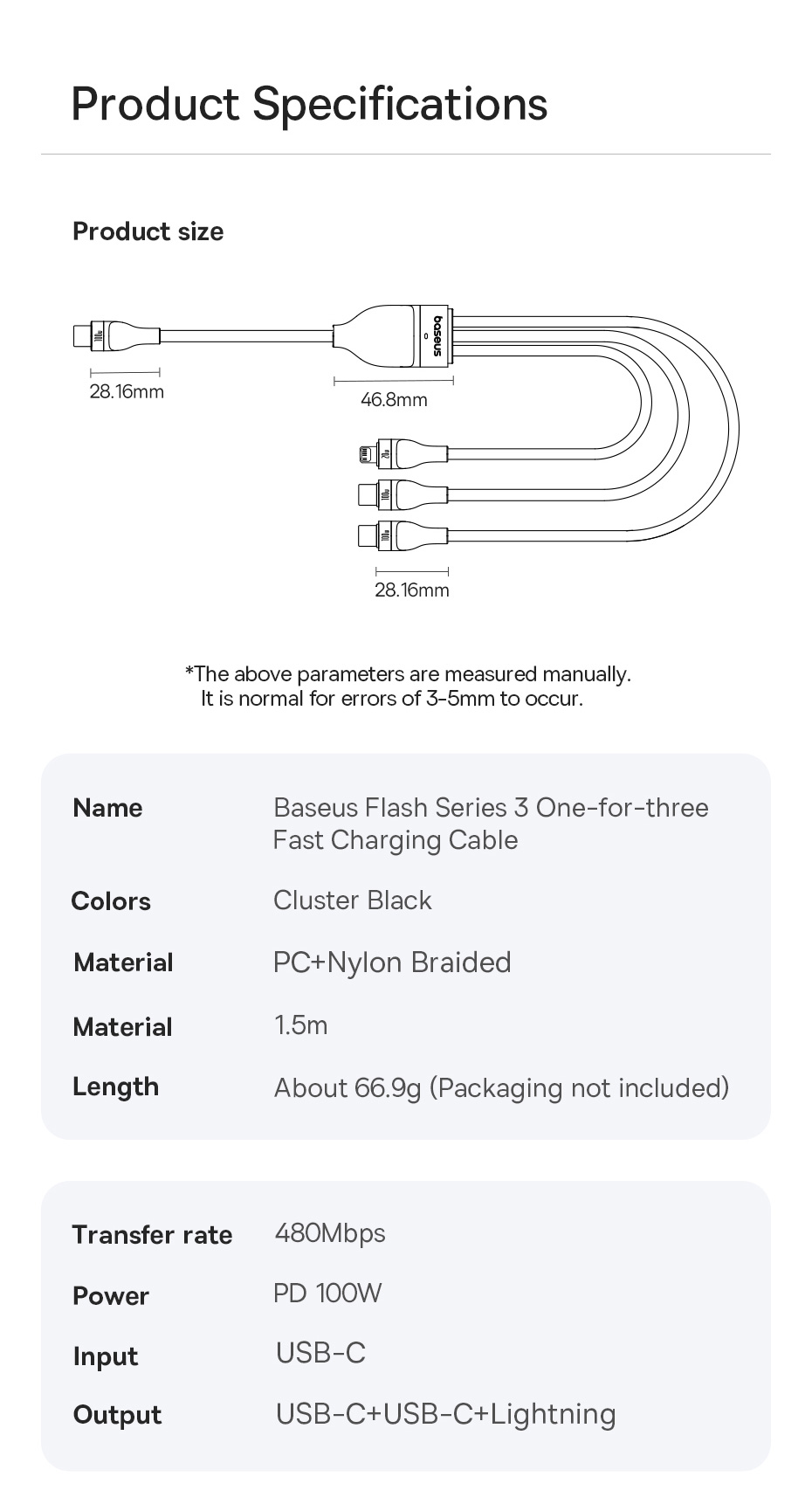 chube Cáp sạc nhanh 1 for 3 Baseus Flash Series 3 100W C to C+C+L