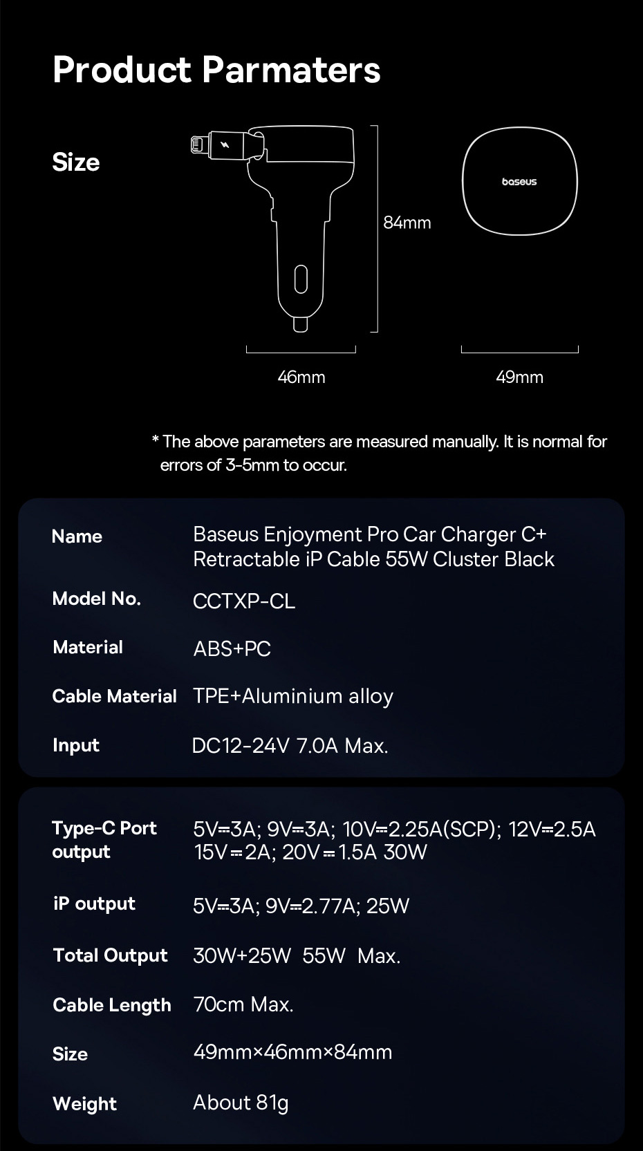 chube Tẩu sạc ô tô Baseus Enjoyment Pro 60W kèm dây rút gọn tiện lợi