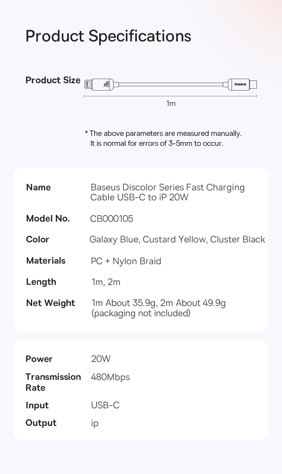 chube Cáp Sạc Nhanh C to Lightning Baseus Discolor Series 20W