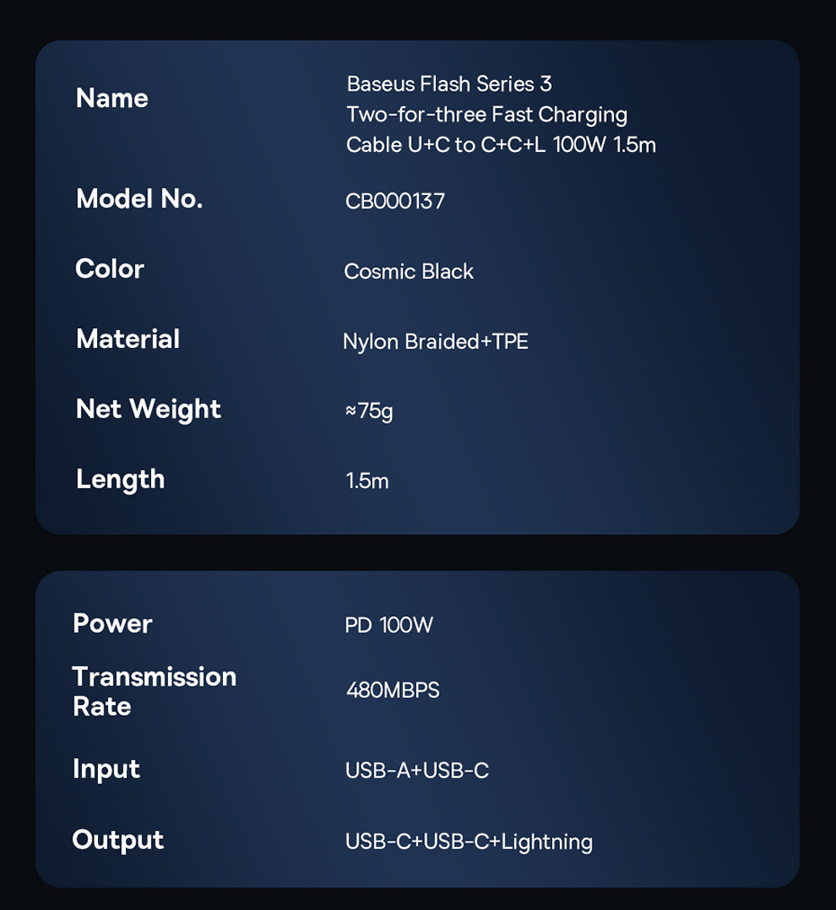 chube Cáp sạc nhanh đa năng Baseus Flash Series 3 100W C to C+C+L