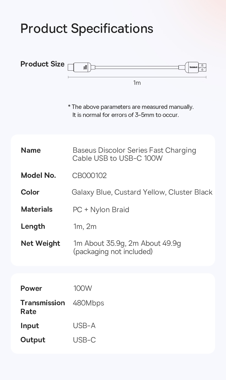 chube Cáp Sạc Nhanh USB to Type-C Baseus Discolor Series 100W