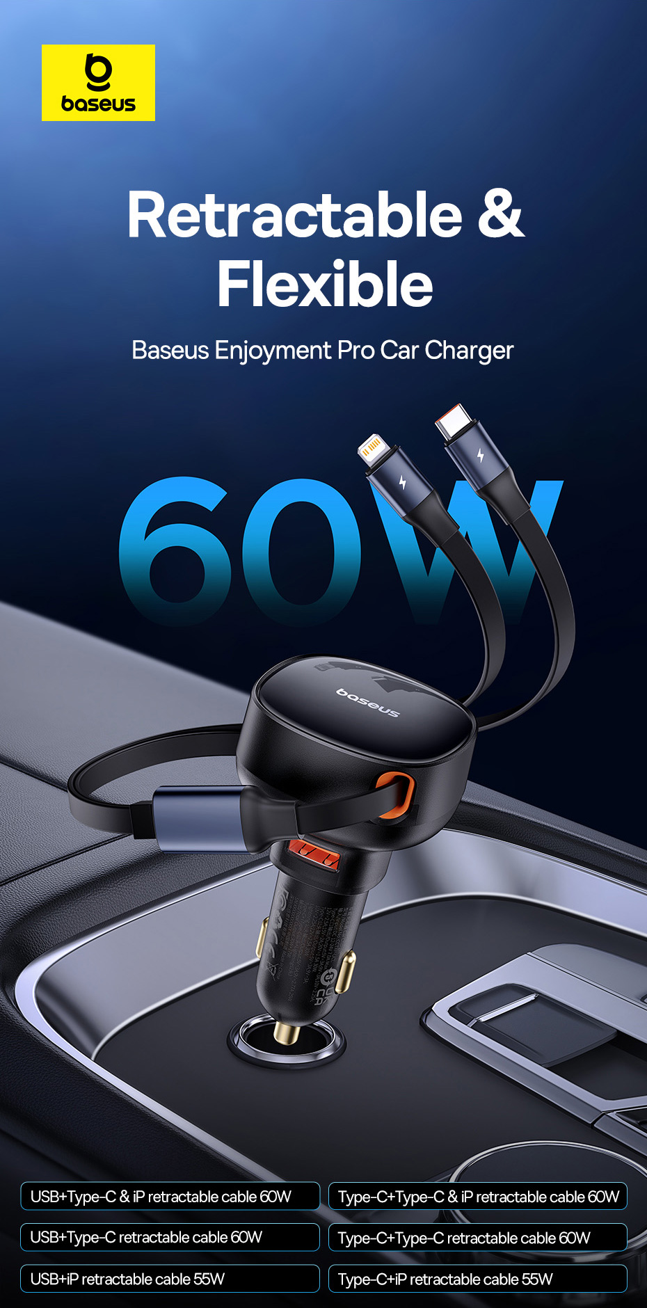 chube Tẩu sạc ô tô Baseus Enjoyment Pro 60W kèm dây rút gọn tiện lợi