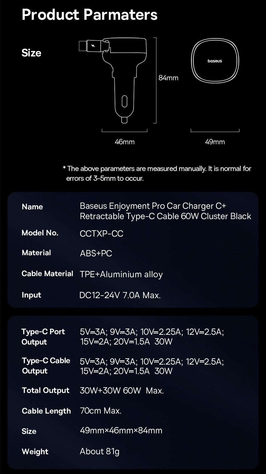 chube Tẩu sạc ô tô Baseus Enjoyment Pro 60W kèm dây rút gọn tiện lợi