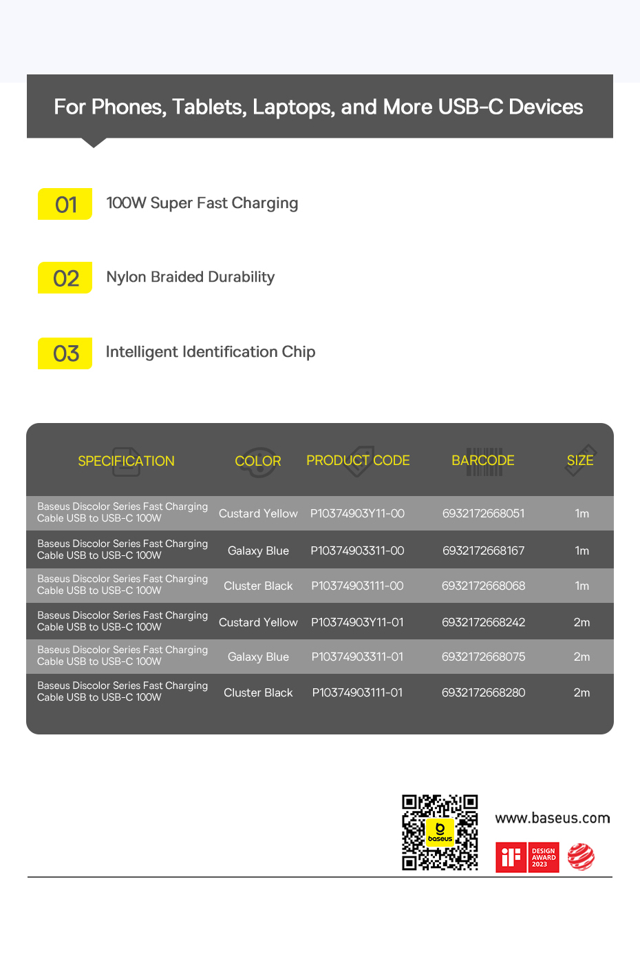 chube Cáp Sạc Nhanh USB to Type-C Baseus Discolor Series 100W