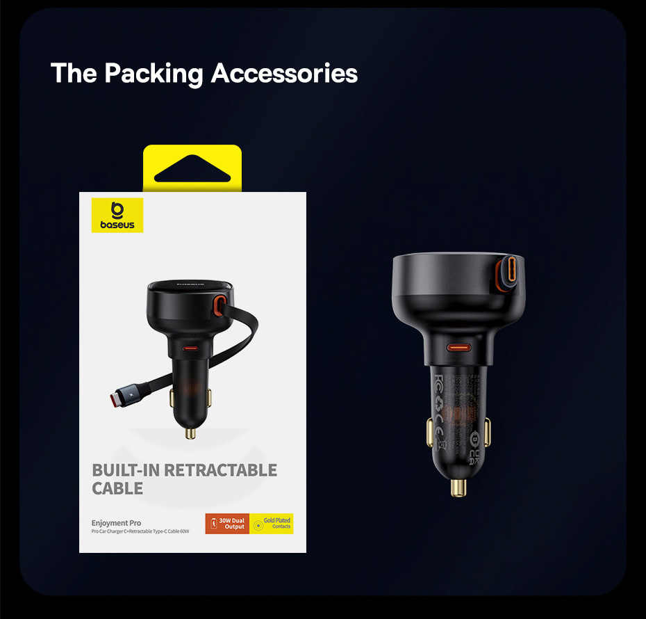 chube Tẩu sạc ô tô Baseus Enjoyment Pro 60W kèm dây rút gọn tiện lợi