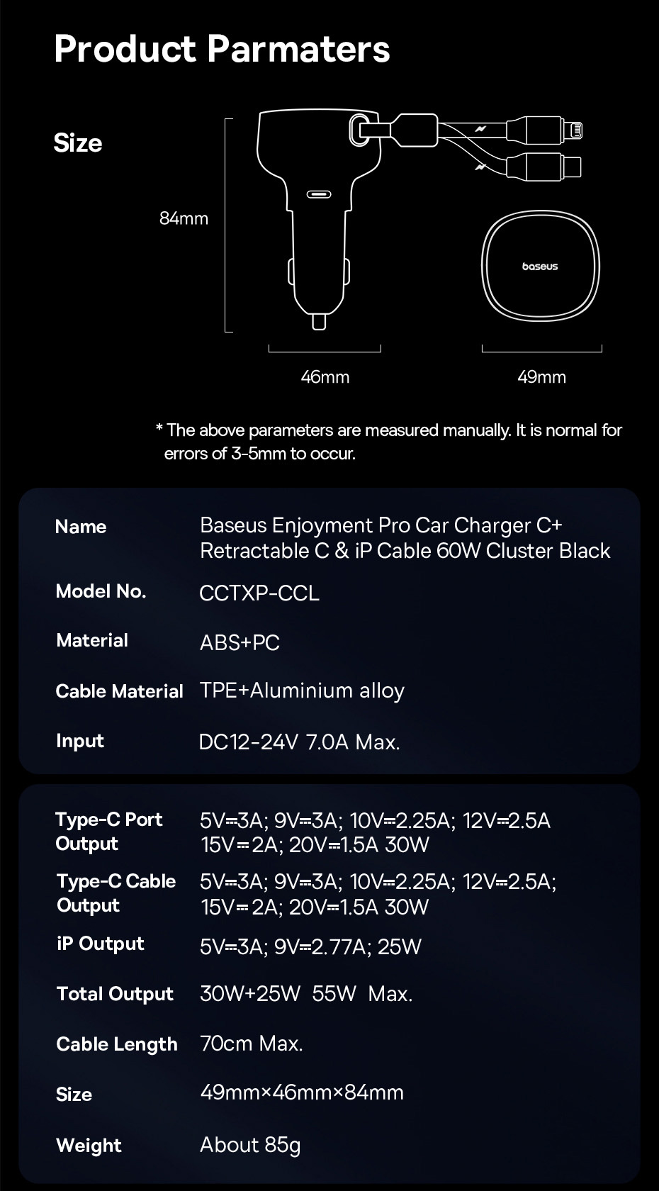 chube Tẩu sạc ô tô Baseus Enjoyment Pro 60W kèm dây rút gọn tiện lợi