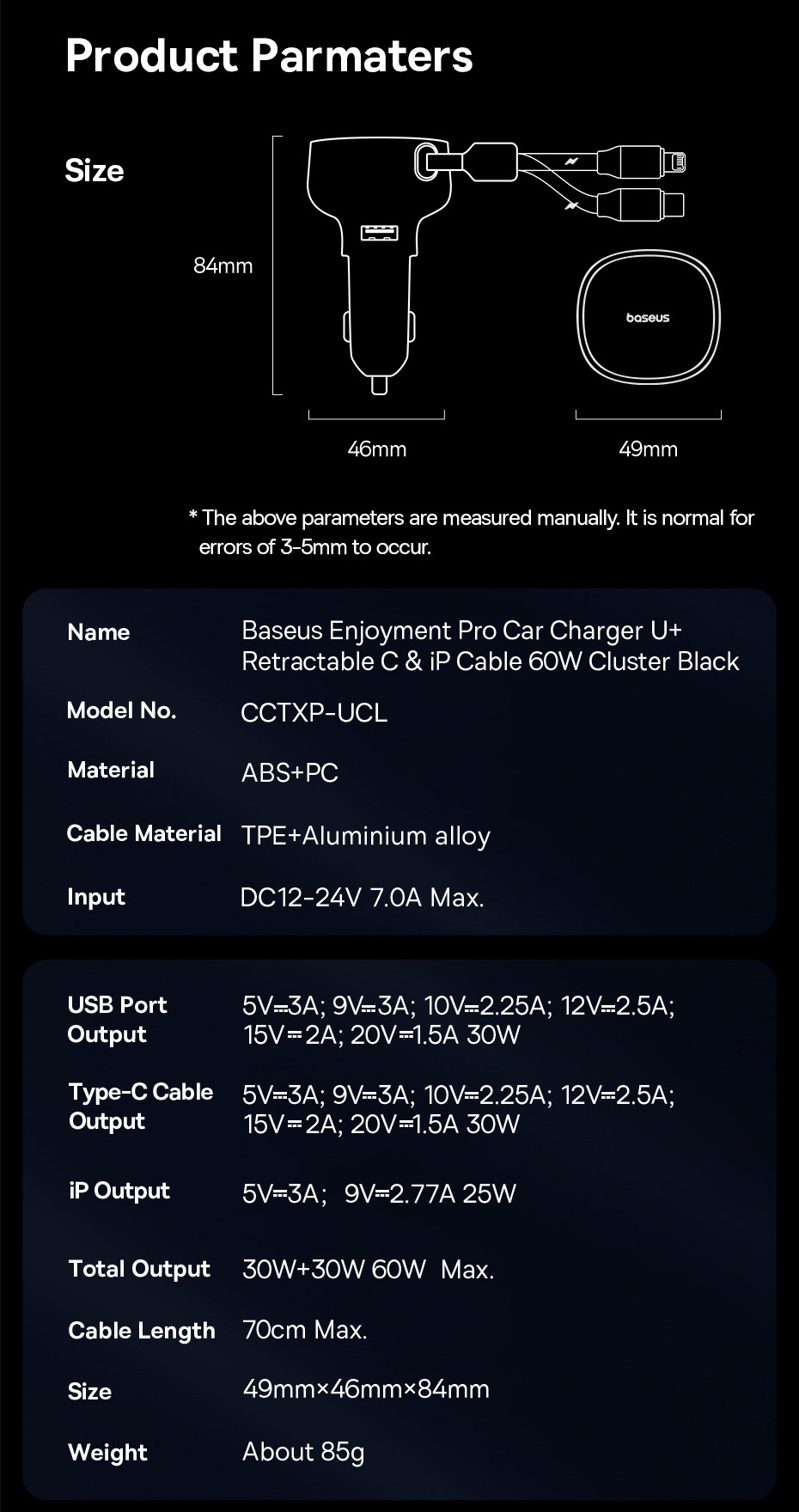 chube Tẩu sạc ô tô Baseus Enjoyment Pro 60W kèm dây rút gọn tiện lợi