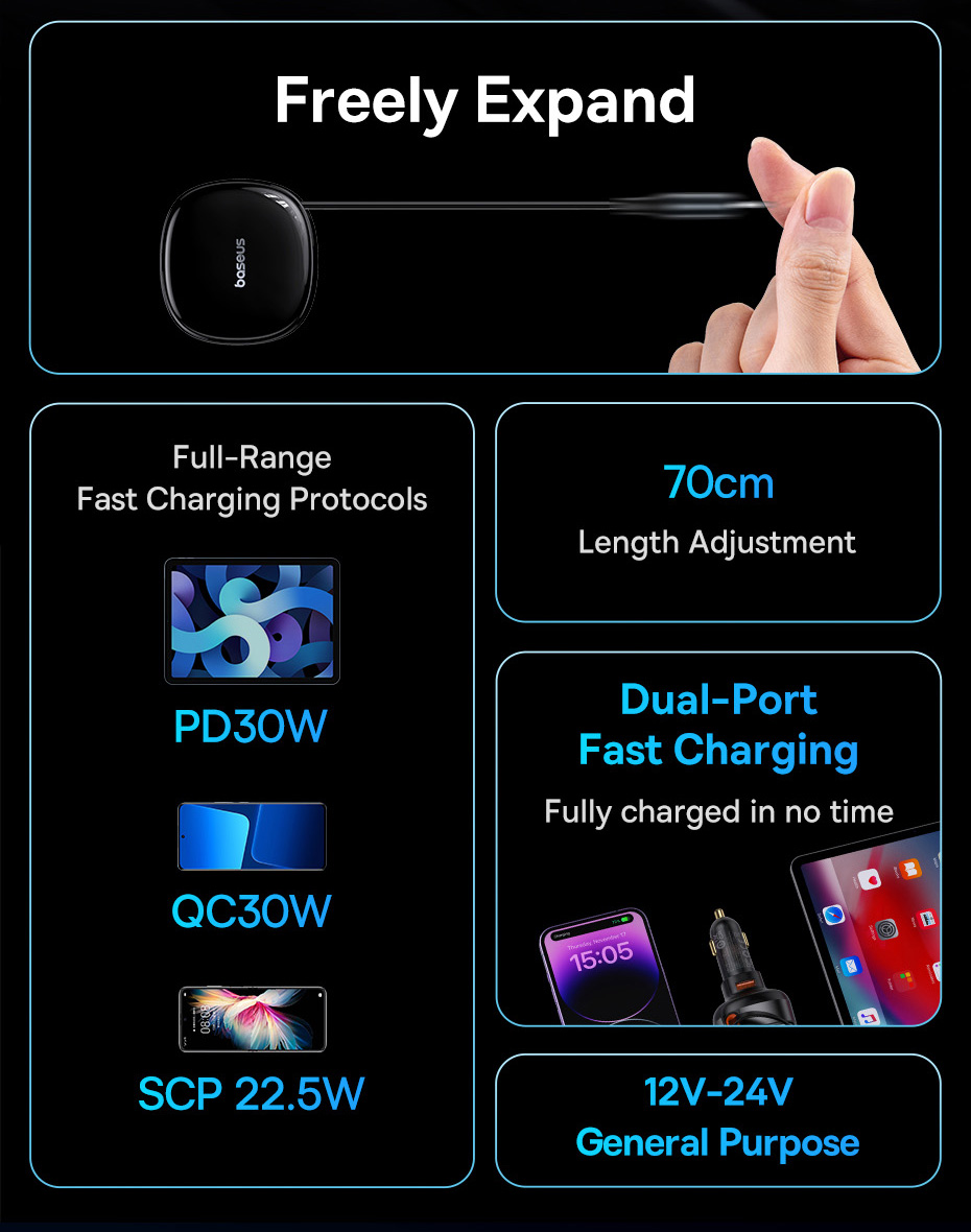 chube Tẩu sạc ô tô Baseus Enjoyment Pro 60W kèm dây rút gọn tiện lợi