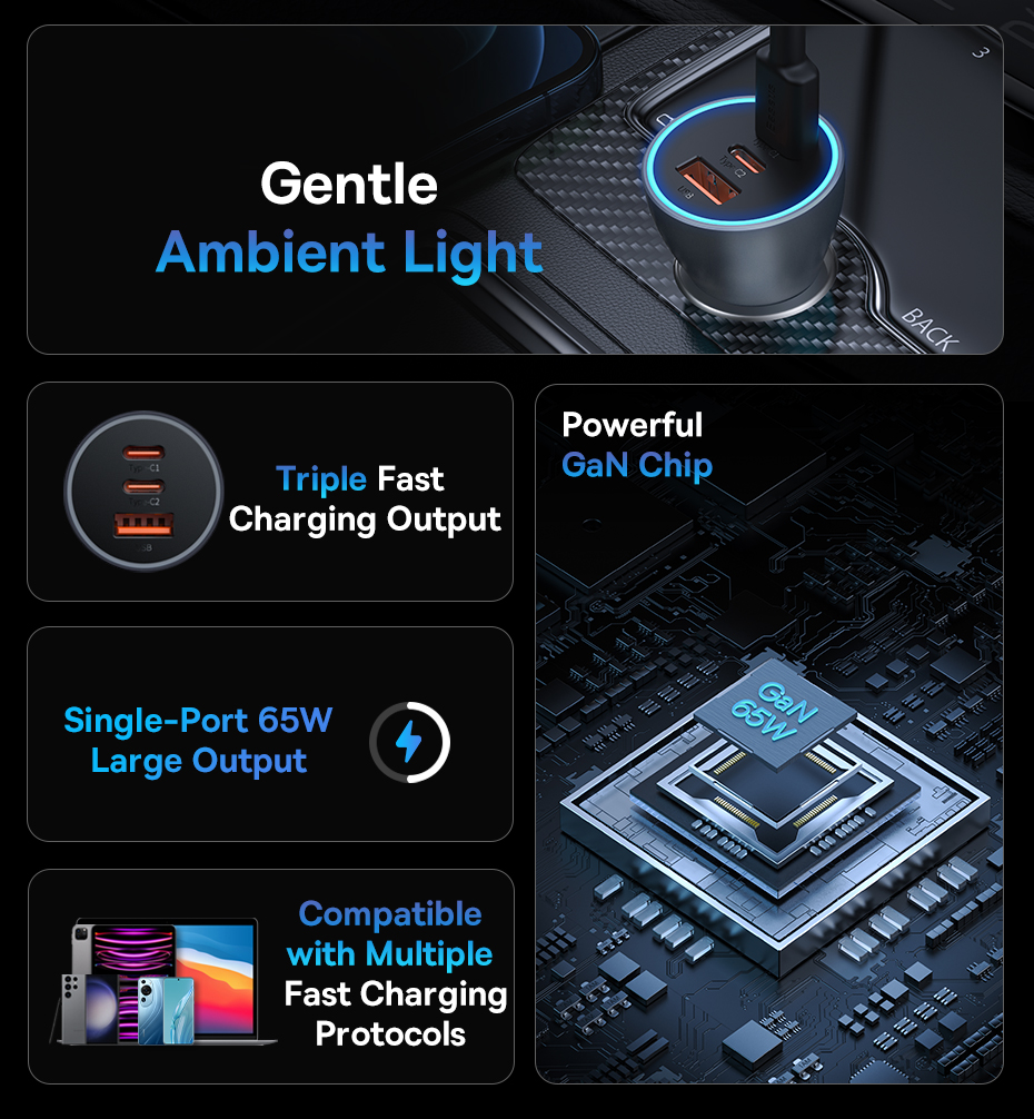 chube Bộ sạc ô tô sạc nhanh Baseus Golden Contactor Pro GaN U+2C 65W