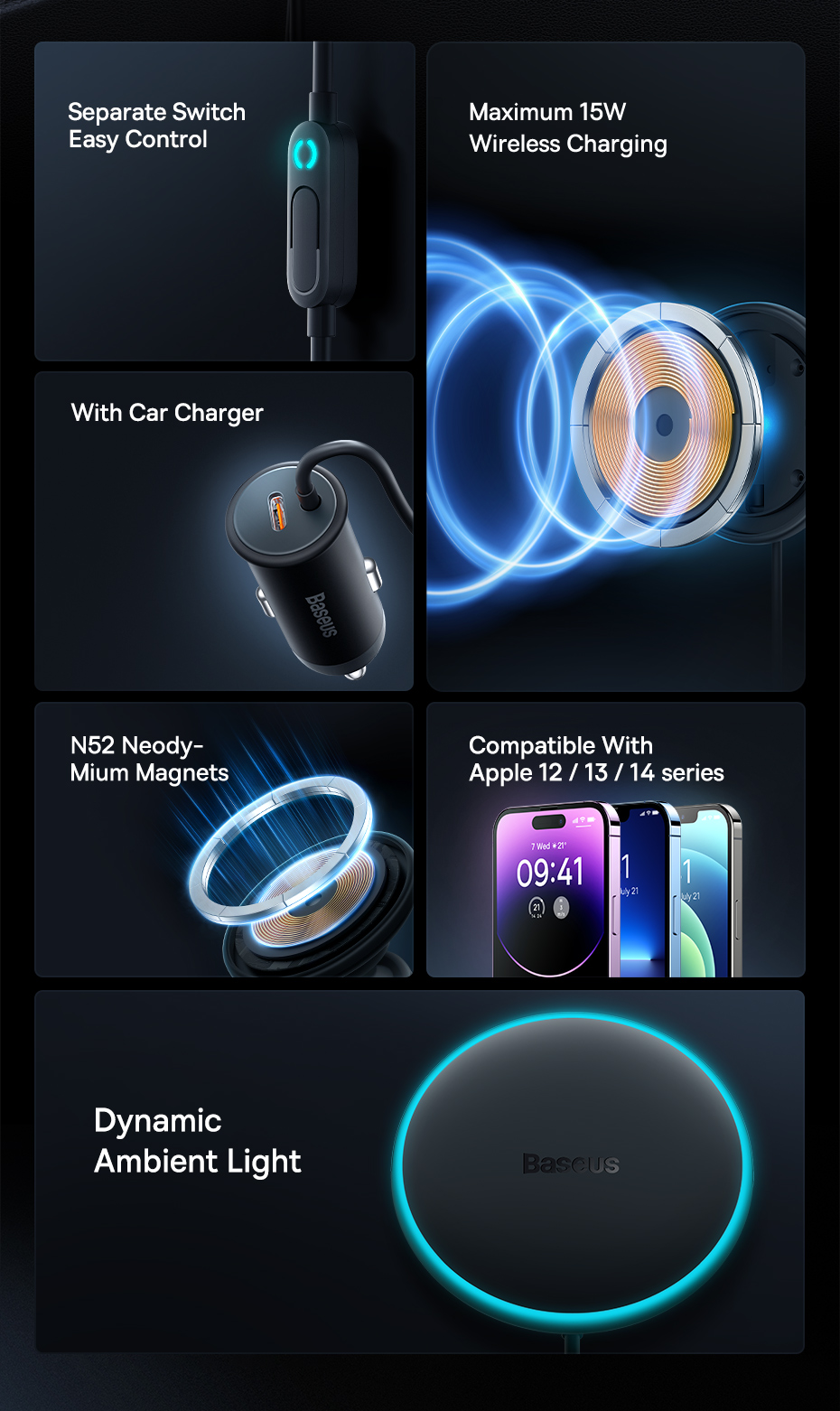 chube Tẩu Ô Tô Sạc Không Dây Từ Tính Magsafe Baseus CW01 40W