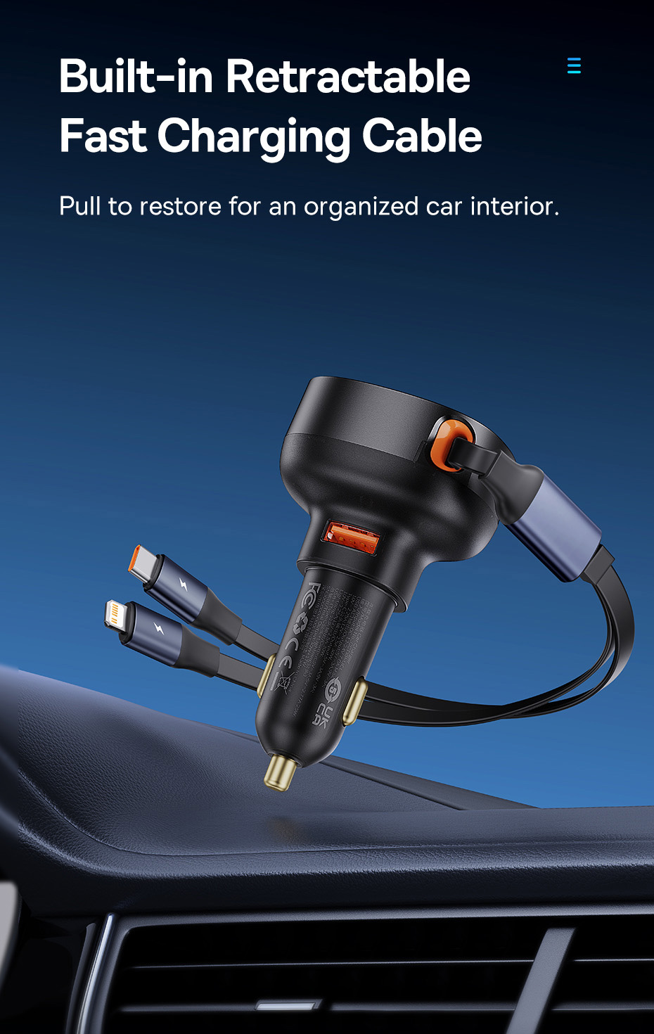 chube Tẩu sạc ô tô Baseus Enjoyment Pro 60W kèm dây rút gọn tiện lợi