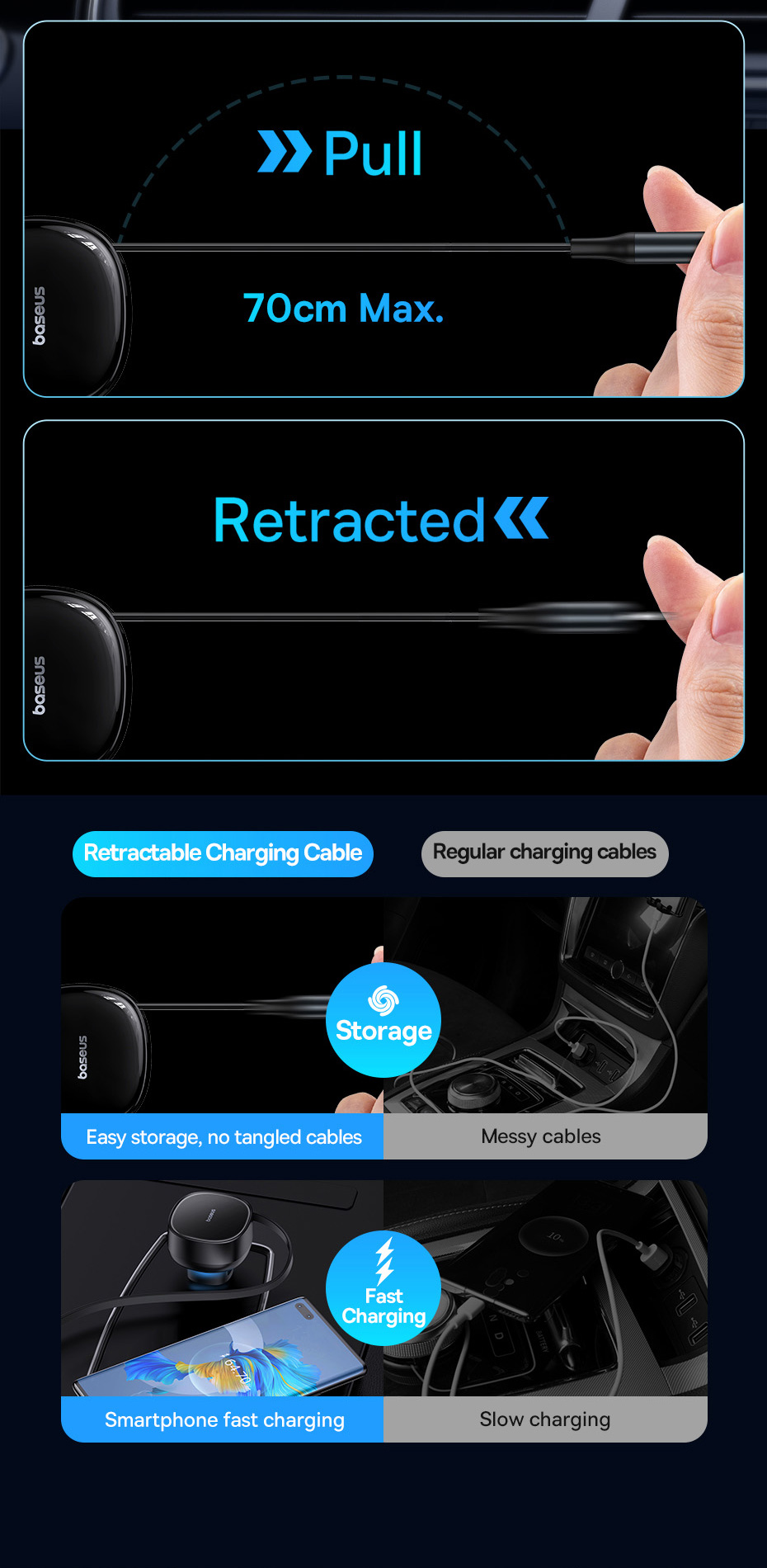 chube Tẩu sạc ô tô Baseus Enjoyment Pro 60W kèm dây rút gọn tiện lợi