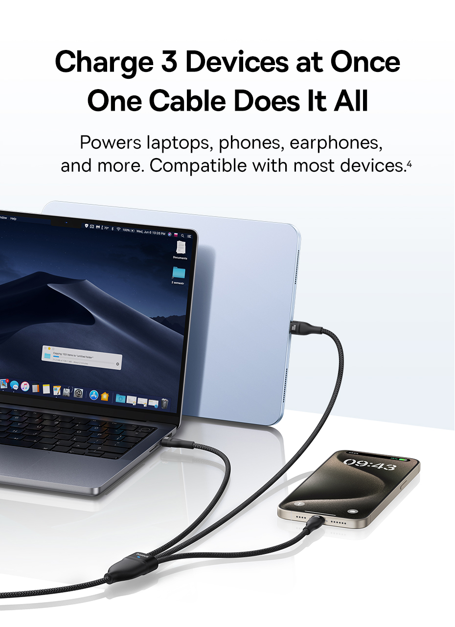 chube Cáp Sạc Nhanh 1 for 3 Baseus Flash Series 3 100W C to C+C+C