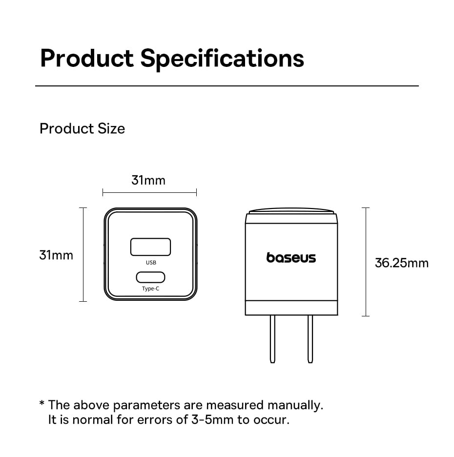 Góc nhìn cạnh bên của củ sạc nhanh Baseus Palm C+U 30W