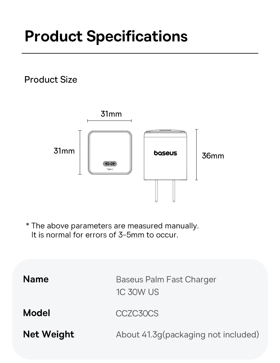 chube Củ Sạc Nhanh Baseus Palm 1C 30W