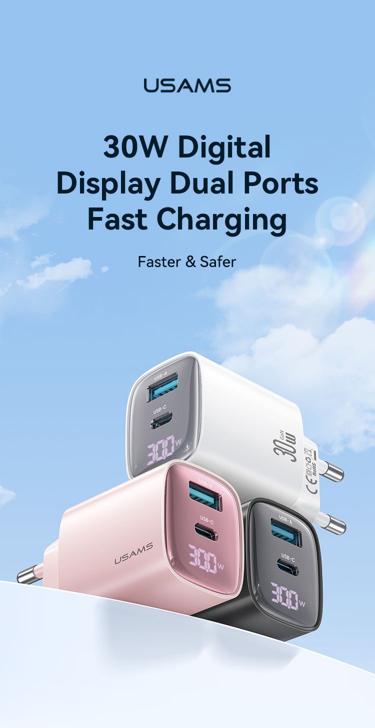 Củ sạc nhanh USAMS CC229 30W GaN với màn hình LED hiển thị công suất