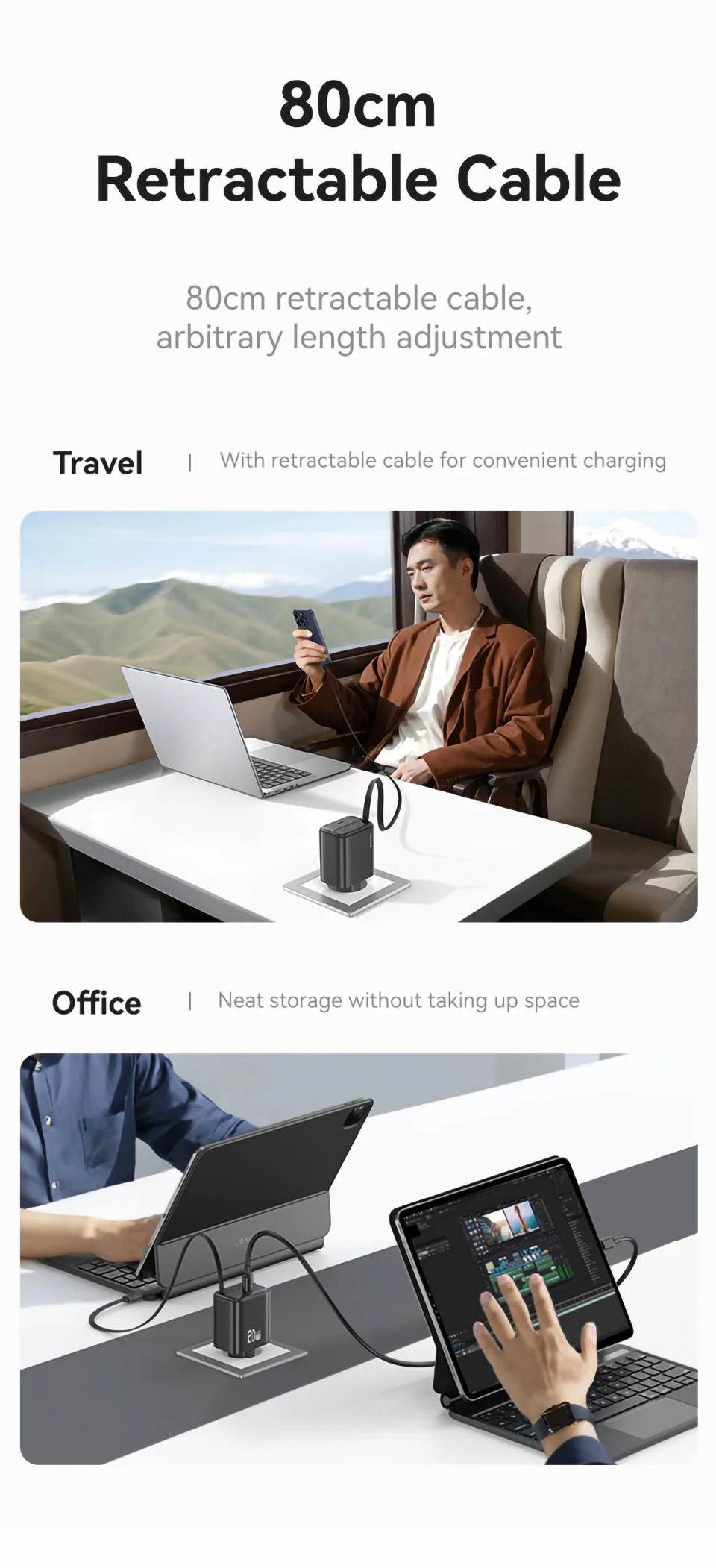 Cáp sạc Type-C kéo dài 80cm tiện lợi tích hợp trên sạc