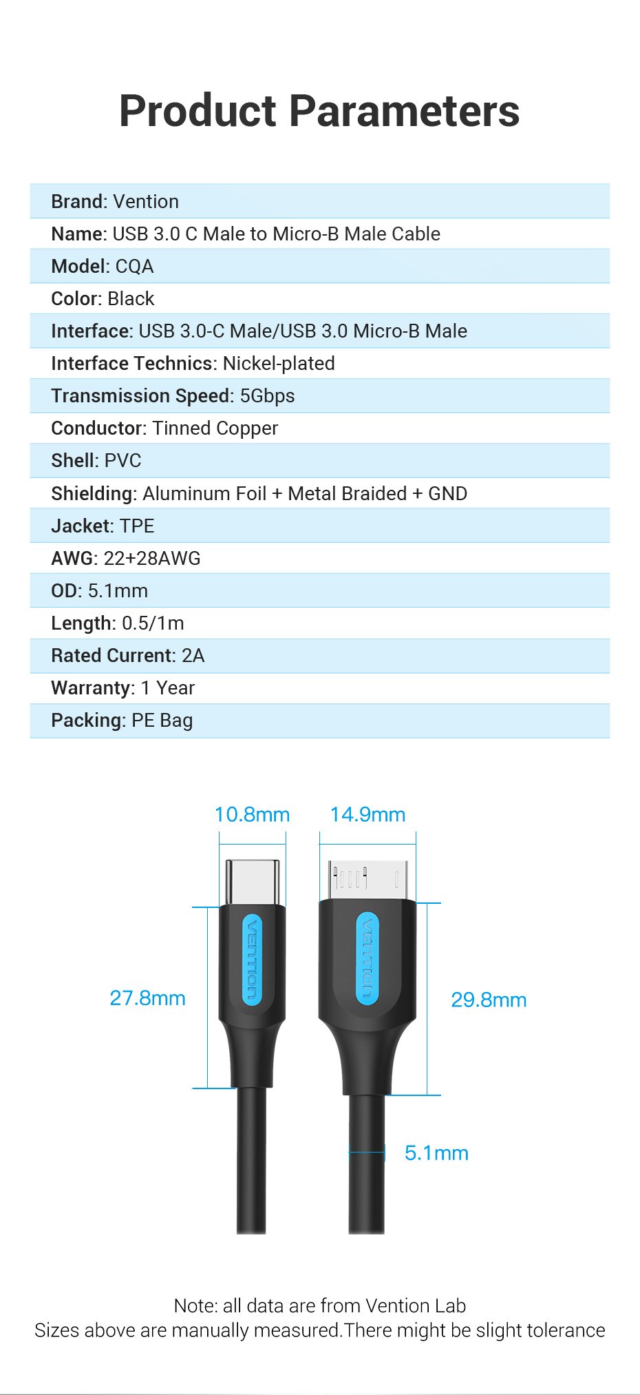 chube Cáp sạc nhanh C to Micro-B VENTION CQA