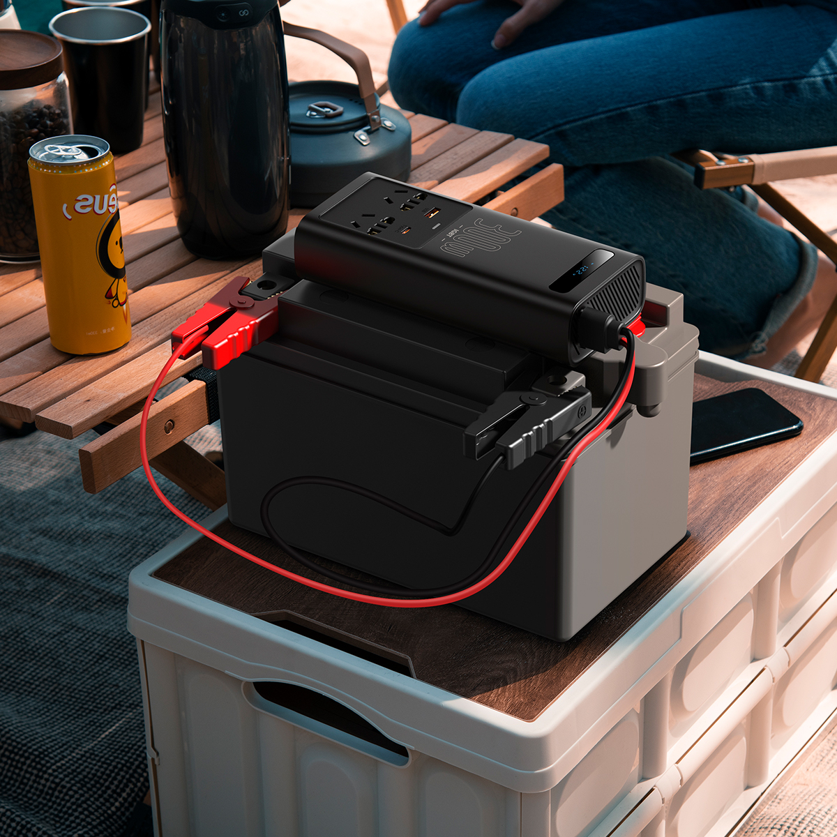 Baseus 300W Power Inverter providing electricity for various devices