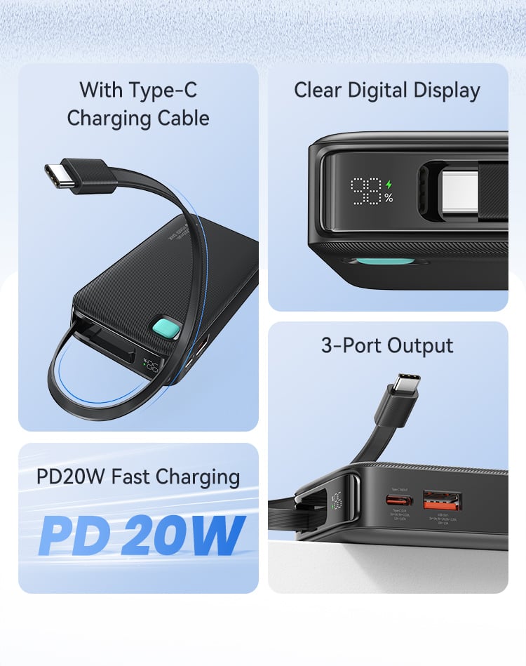 USAMS CD224 10000mAh 20W - chi tiết cáp sạc ẩn