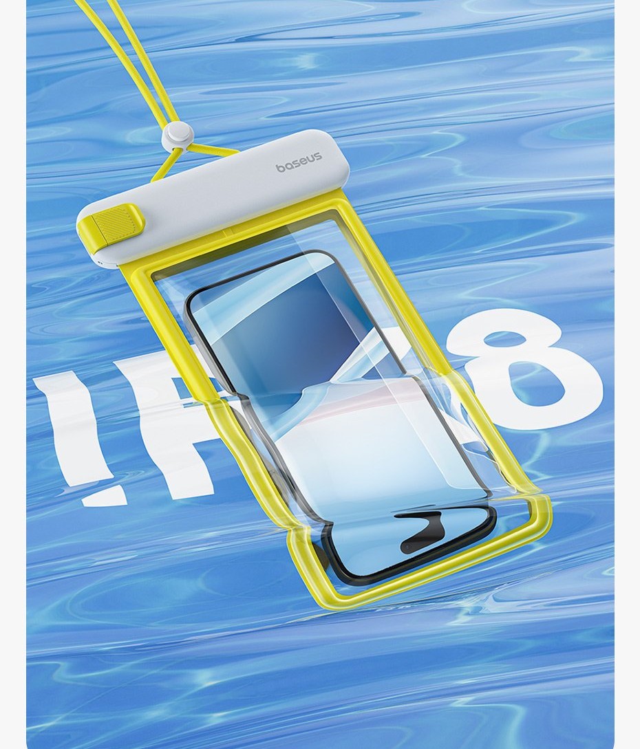 Một chiếc túi chống nước điện thoại trong suốt, với điện thoại thông minh bên trong. Hình ảnh minh họa cho cách chọn kích thước phù hợp cho túi chống nước điện thoại.