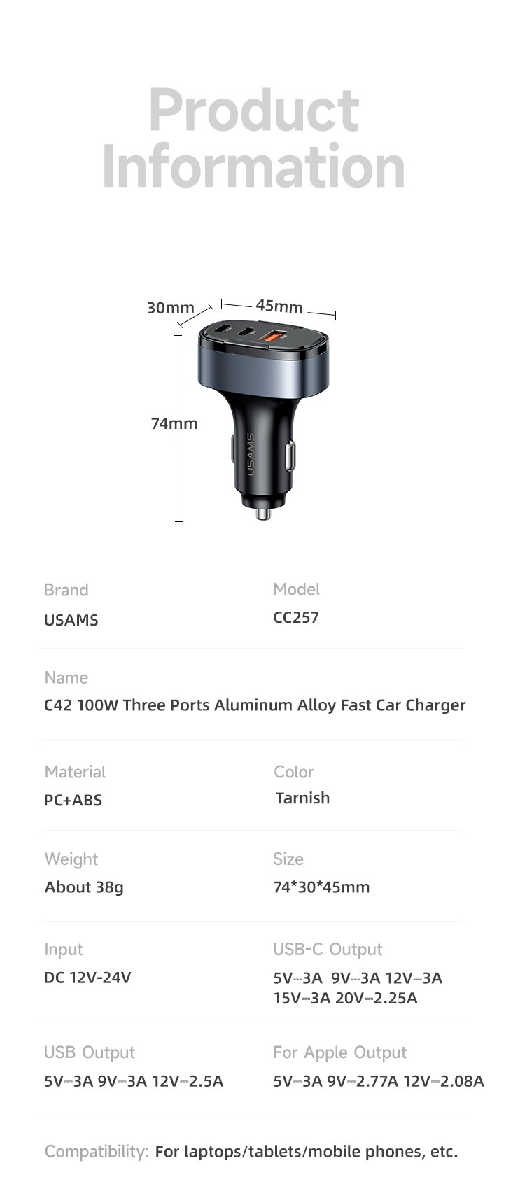 chube Tẩu sạc xe hơi Usams CC257 C42 100W 3 cổng