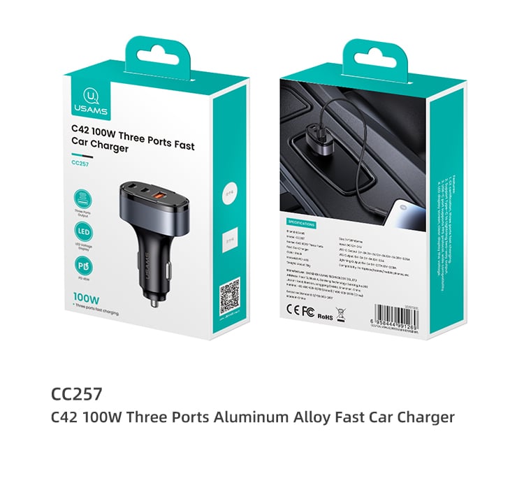 chube Tẩu sạc xe hơi Usams CC257 C42 100W 3 cổng