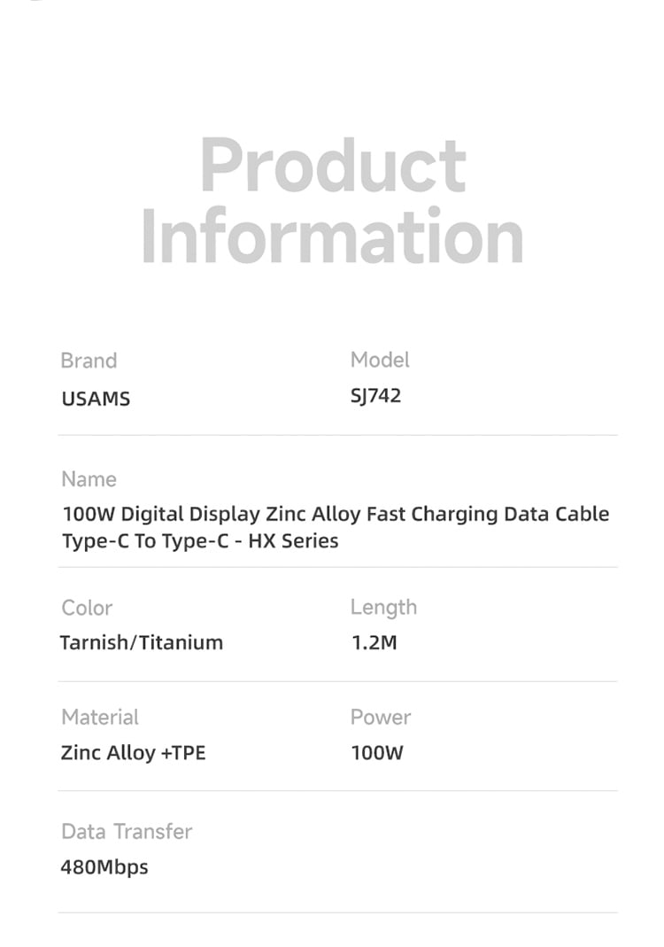 chube Cáp LED 100W USAMS SJ742 C to C Zinc Alloy HX Series