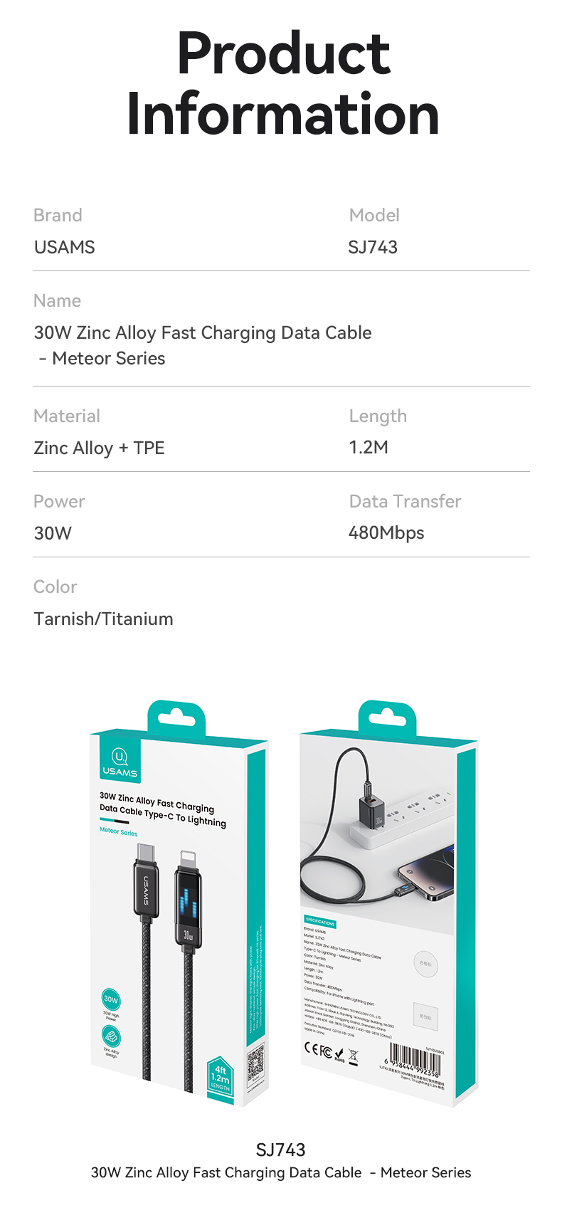 chube Cáp sạc nhanh USAMS SJ743 C To Lightning 30W Meteor Series