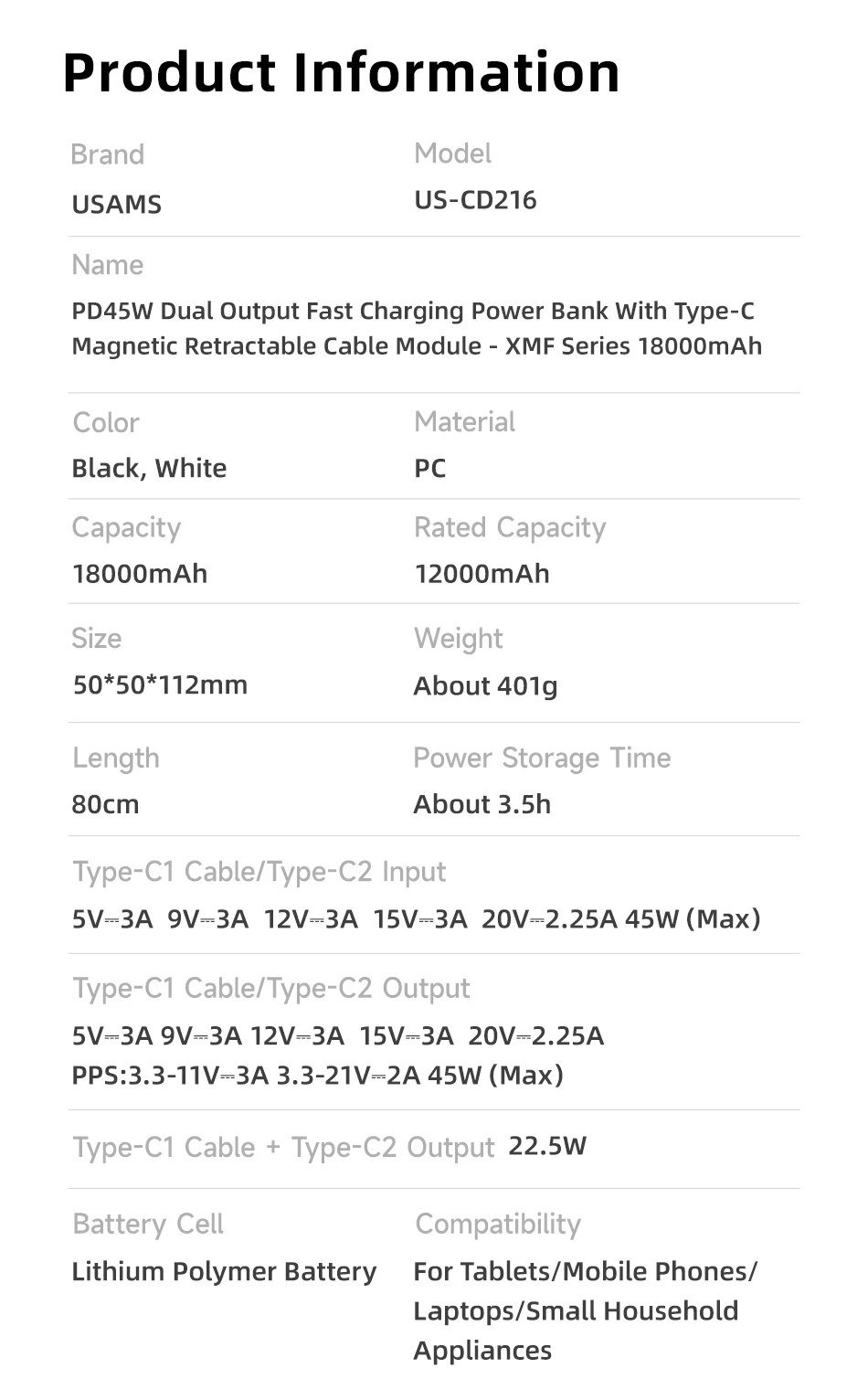 chube Pin Sạc Dự Phòng USAMS Magnetic 45W IP-PD 18000mAh