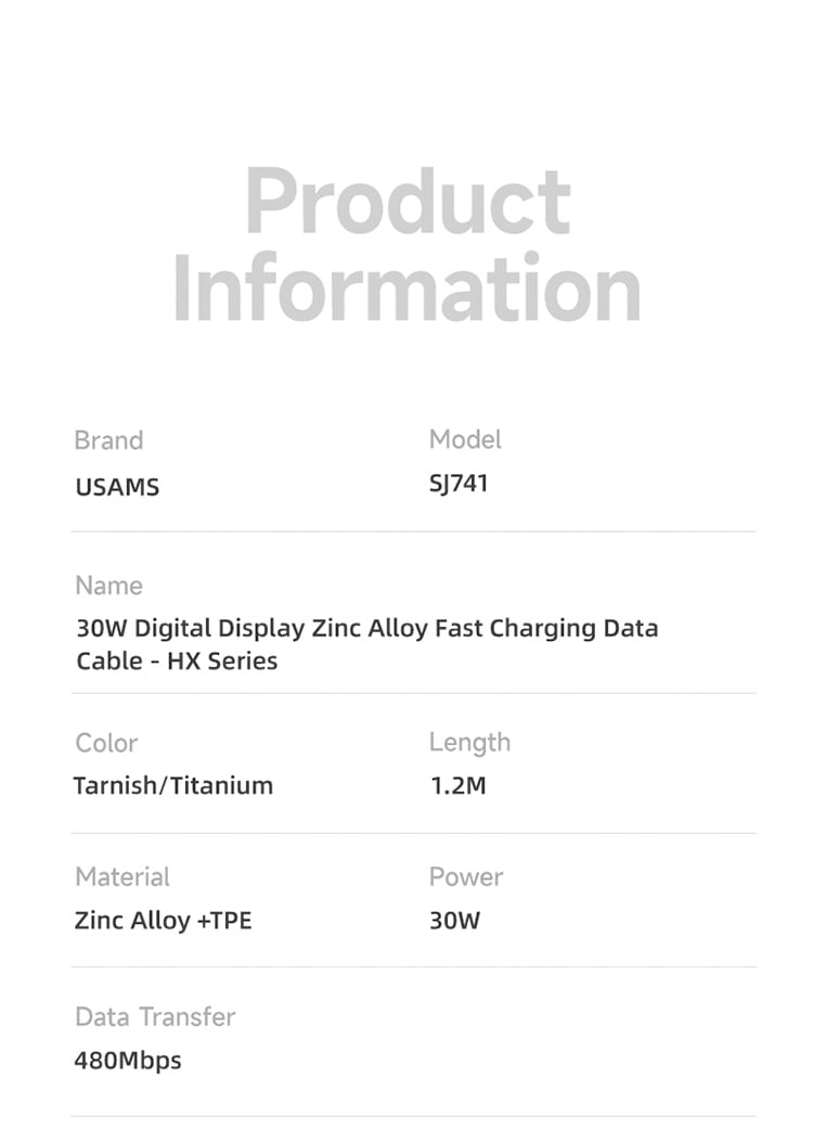 chube Cáp sạc nhanh USAMS SJ741 C To Lightning 30W HX Series