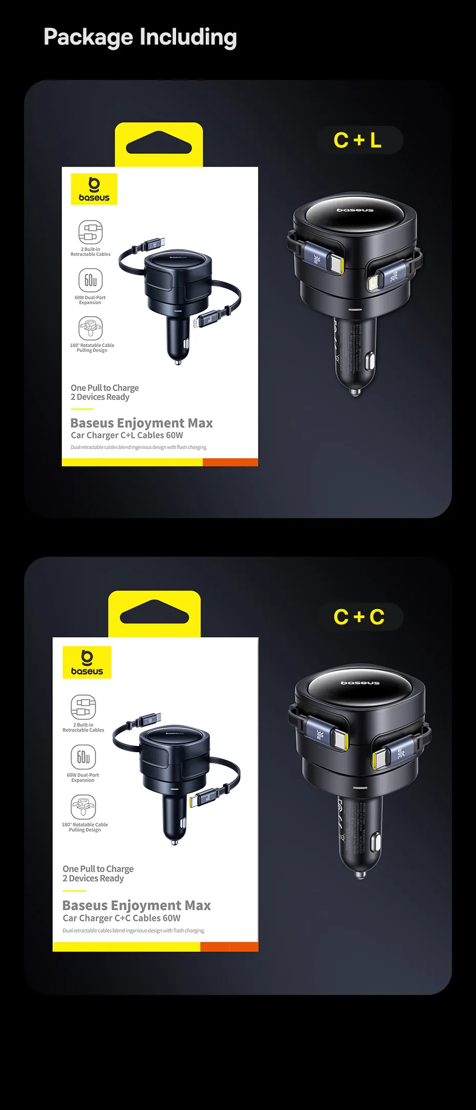 Tẩu sạc ô tô kèm dây rút Baseus Enjoyment Max 60W