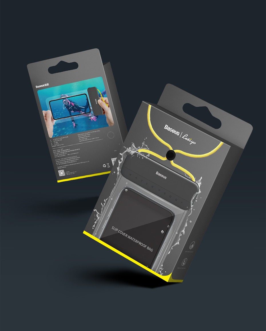 Túi chống nước Chube màu đen, đang đựng điện thoại, mặt trước nền trắng.